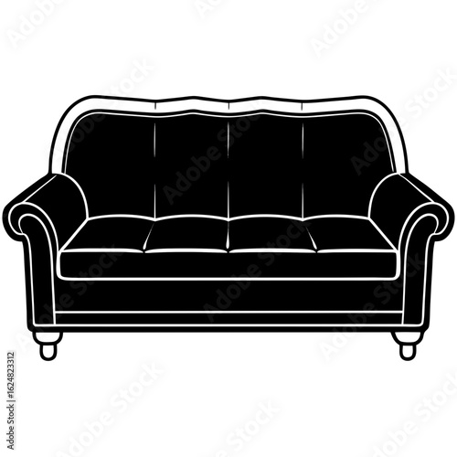 Modern couch with cushions – black line art vector