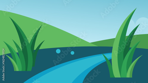 morning dew grass near quiet stream