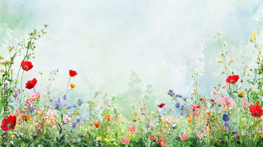 Fototapeta premium Vibrant spring meadow filled with colorful wildflowers, creating whimsical and serene atmosphere