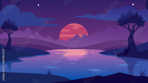 twilight lake with glowing trees