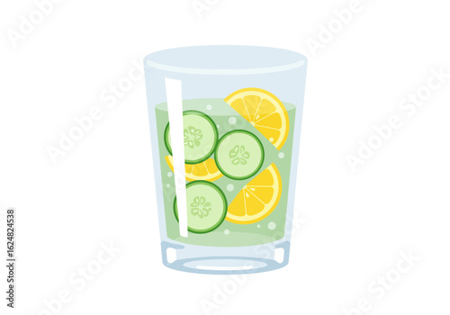 A clear glass filled with liquid lemon slices and cucumber wheels