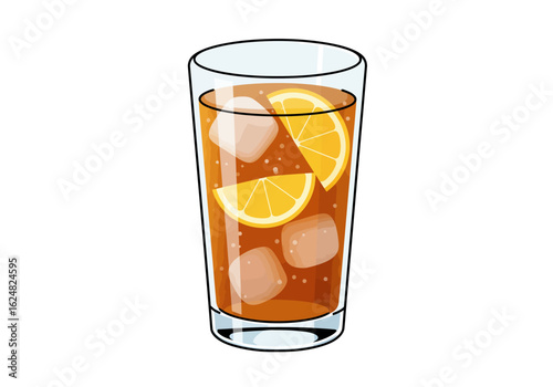 A glass filled with a brown liquid ice cubes and orange slices