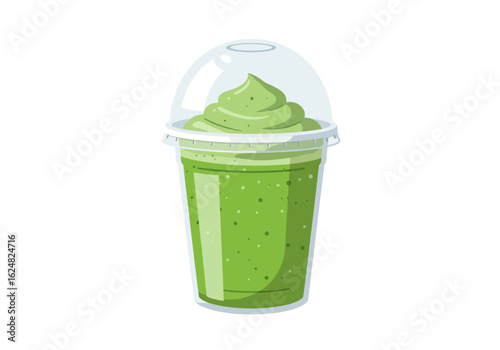 A green smoothie with whipped topping in a clear plastic cup with a dome lid