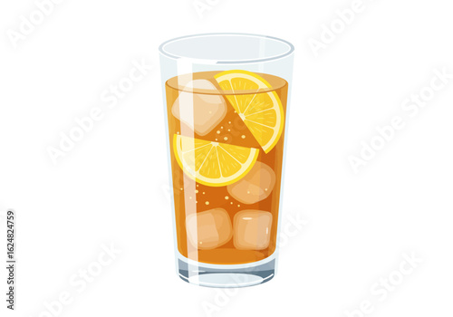 A tall glass filled with iced tea ice cubes and two lemon wedges