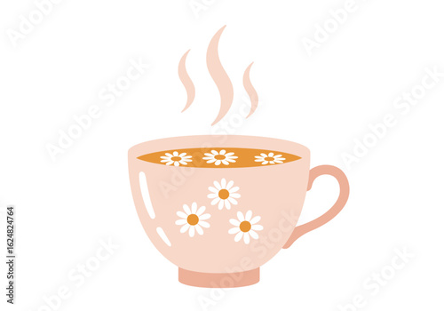 A pink teacup holds yellow tea decorated with white daisies and topped with rising steam