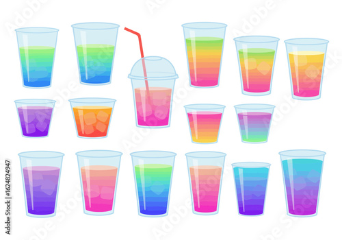 Cartoon drink assortment Colorful layered liquids in plastic cups some with ice and a straw