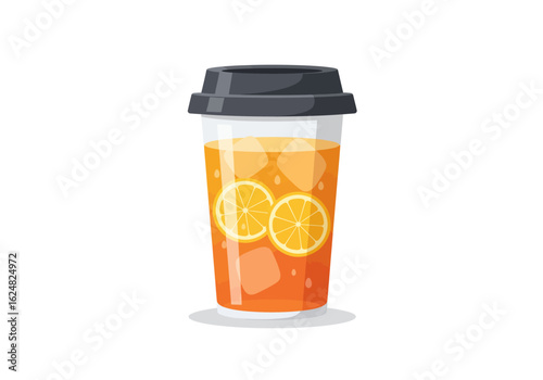 Clear cup with orange drink ice lemon slices and a dark lid set on a white background