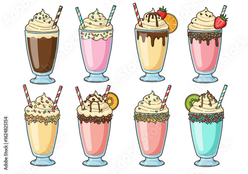 Eight milkshake drawings in different flavors with toppings and straws in glass cups