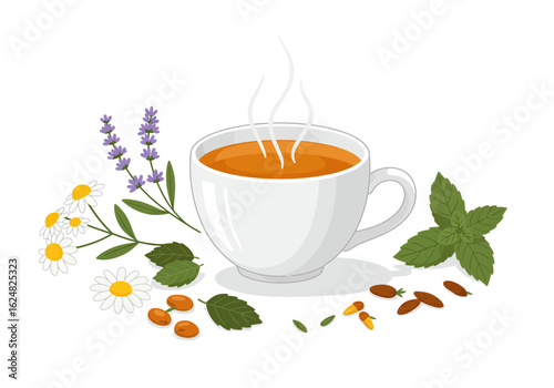 Herbal tea cup white ceramic mug with orange tea surrounded by chamomile lavender mint and other herbs and seeds