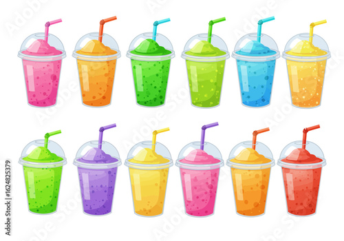 Illustration of twelve smoothies in a variety of fruit flavors and vibrant colors each with a straw in a clear plastic cup