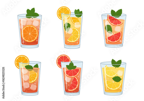 Six glasses of colorful citrus fruit drinks with ice and mint are arranged on a white background