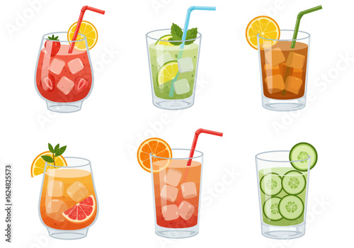 Six iced beverages in glass cups with various fruit slices  straws
