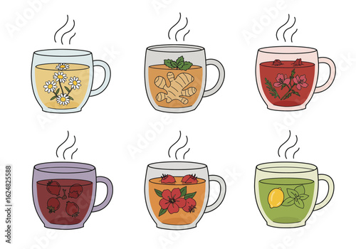 Six steaming mugs filled with different tea blends each featuring distinct ingredients