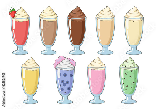 Ten milkshake illustrations each a different flavor and color arranged in two rows on a white background
