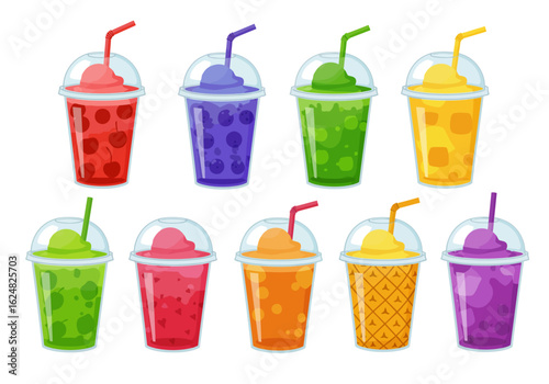 Ten fruit smoothie cups with different flavors and colors each with a straw