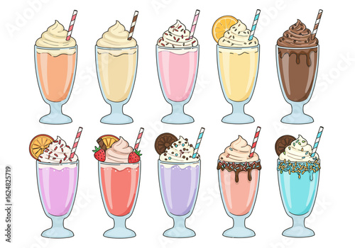 Ten milkshakes in footed glasses with toppings and straws lined up in two rows against a white backdrop