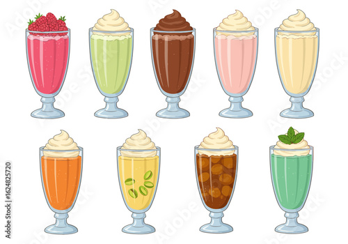 Ten smoothies or milkshakes in glasses with toppings and various colors arranged in two rows