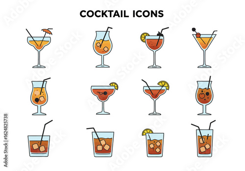 Twelve cocktail icons are depicted varying in glass shape and garnish