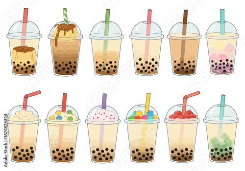 Twelve bubble tea drinks each in a clear cup with different toppings and straw colors arranged in two rows against a white background