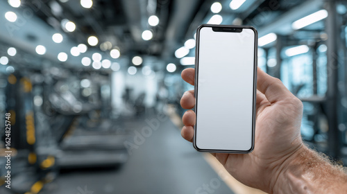 Hand holding smartphone with blank screen in factory. Technology mockup concept.