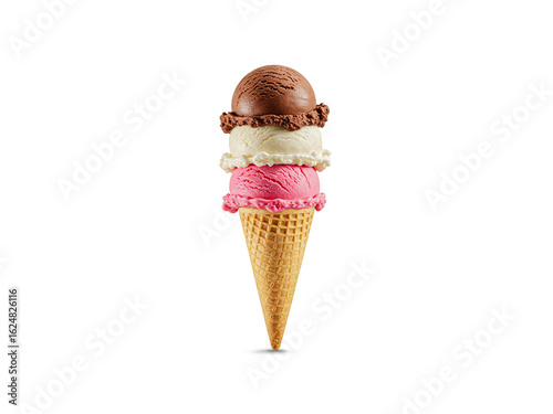 Chocolate, vanilla, and strawberry triple scoop ice cream cone isolated on white background.
