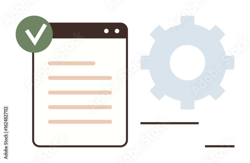 Checklist with green checkmark beside a gear wheel, signifying successful task completion and efficient process management. Ideal for productivity, planning, organization, workflow, business