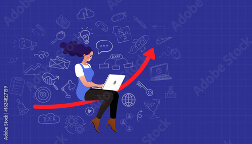 A woman riding a red arrow while using a laptop, symbolizing digital business growth, success, and learning with doodle icons on a blue grid background.
