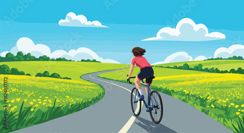 Biker cycling uphill on country road; meadows & sky background; health, recreation