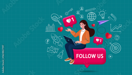 Woman using laptop with social media icons and 'Follow Us' button on green blueprint background. Great for online promotion, digital marketing, or influencer branding.