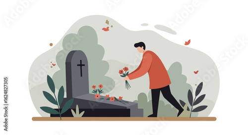 Man laying flowers on grave at cemetery with falling leaves, to express grief