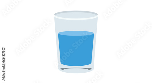 Single transparent glass on a white background filled half-way with clean water