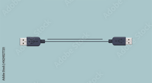 Black USB cable connecting on grey background, copy space. Technology concept