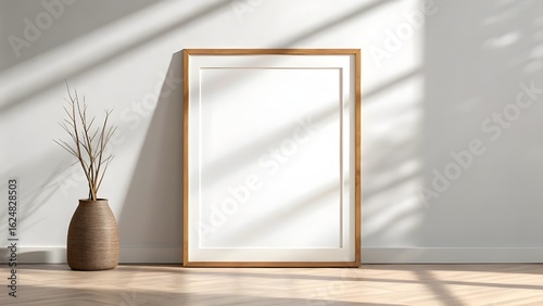 Mockup A large, empty wooden frame leans against a wall, bathed in sunlight, next to a minimalist vase.