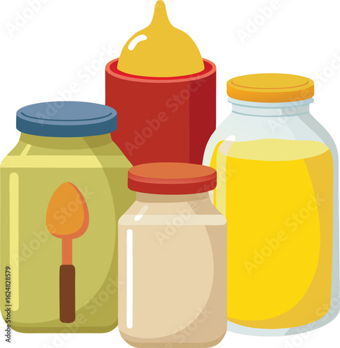 Group of baby food jars and a condiment bottle with a spoon illustration