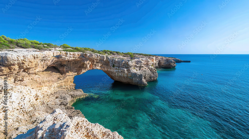 Fototapeta premium Stunning coastal view featuring rugged rock formation arching over clear turquoise waters, surrounded by lush greenery