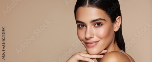 The elegant woman with natural beauty smiling confidently at the camera