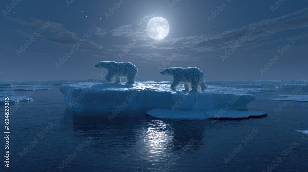 Naklejka premium Polar bears navigating a glowing ice island beneath a pale moon