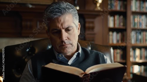 Man reading a book in a library setting.