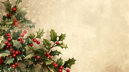 Holly corner border on warm beige background with copy space. Christmas holiday concept.