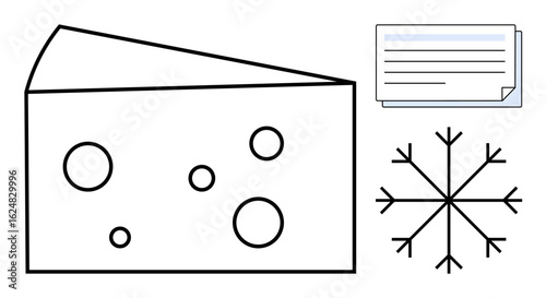 Cheese slice with circular holes, snowflake motif, and document stack. Ideal for food, winter, documentation, storage, freshness ingredients refrigeration. Simple flat metaphor