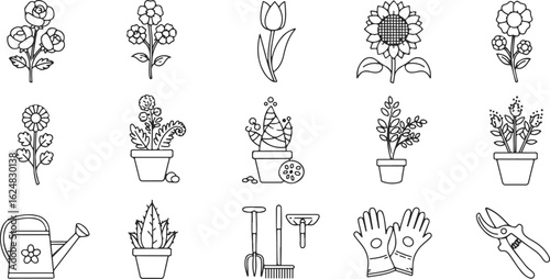 Assorted Garden and Flower Illustrations with Gardening Tools and Potted Plants Keywords: garden, flowers, illustration, plants, gardening, tools, watering can, pruning shears, rake, shovel