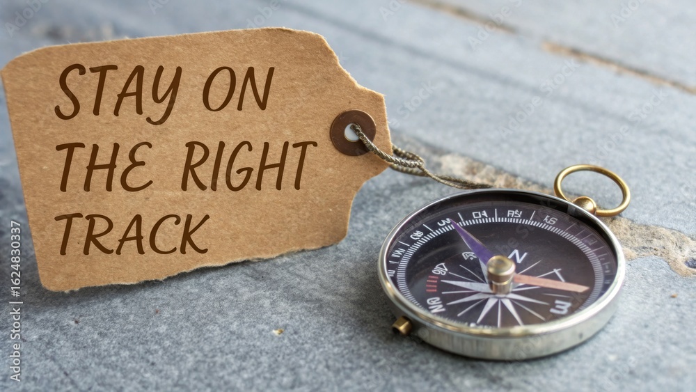 Fototapeta premium Vintage Compass with Stay on the Right Track Tag on Wooden Table