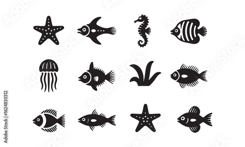 Set of Black and White Simple Marine Life Icons, a collection of simple, black silhouette icons representing various marine life forms.