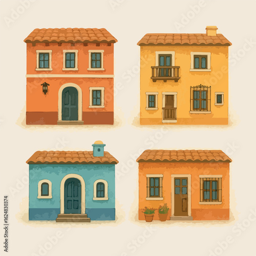 Colonial houses watercolor style