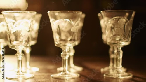 Close-up of several empty wine glasses on a table