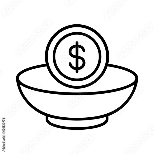 Coin in bowl symbolizing donation, poverty, and request for financial help (Outline icon)