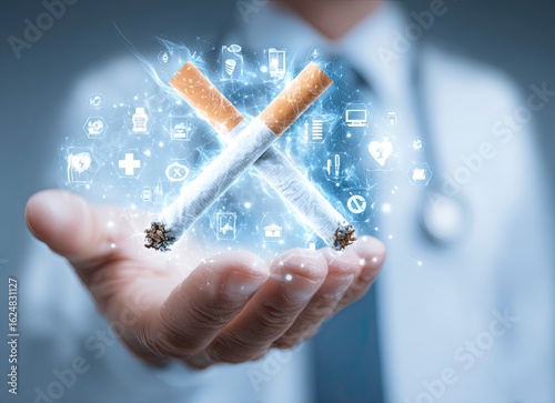 Cessation of cigarette smoking concept. A doctor holding a virtual icon of crossed cigarettes with medical icons in the background. This image is for stock photo use and advertising in digital marketi