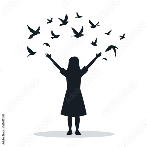 Silhouette of person with arms raised releasing birds into the sky vector