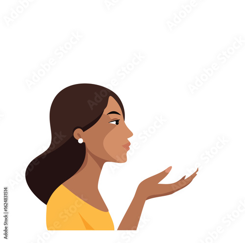 Woman offering something with open hands profile