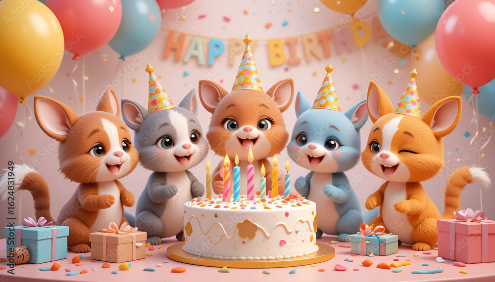 Charming cartoon animals celebrating birthday with cake, gifts, and balloons Charming cartoon animals celebrating birthday with cake, gifts, and balloons